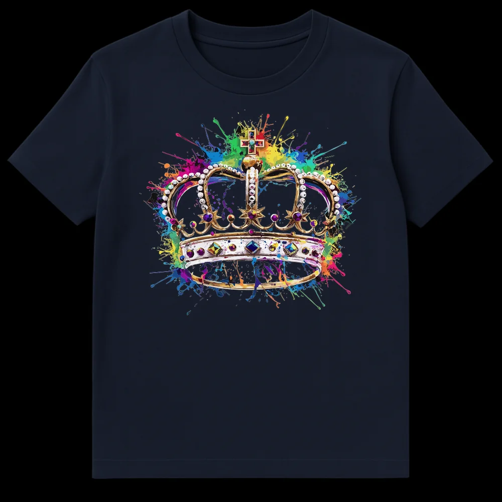 Colorful Royal Crown with Paint Splatters Unisex T-Shirt - Front View on Navy Blue t-shirt
