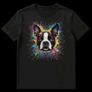 Boston Terrier dog head in black and white with colorful paint splatters around it on a t-shirt on Black t-shirt