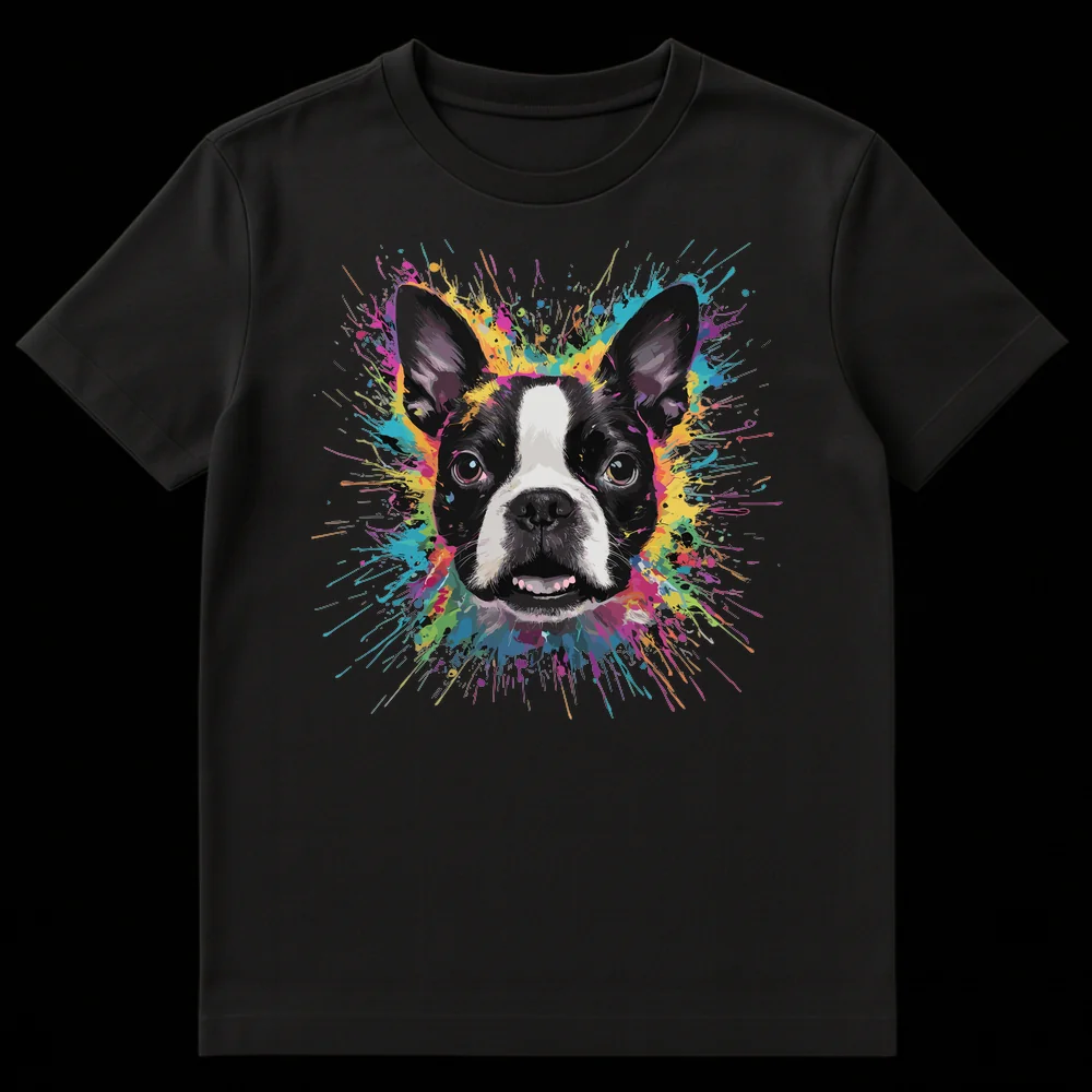 Boston Terrier dog head in black and white with colorful paint splatters around it on a t-shirt on Black t-shirt