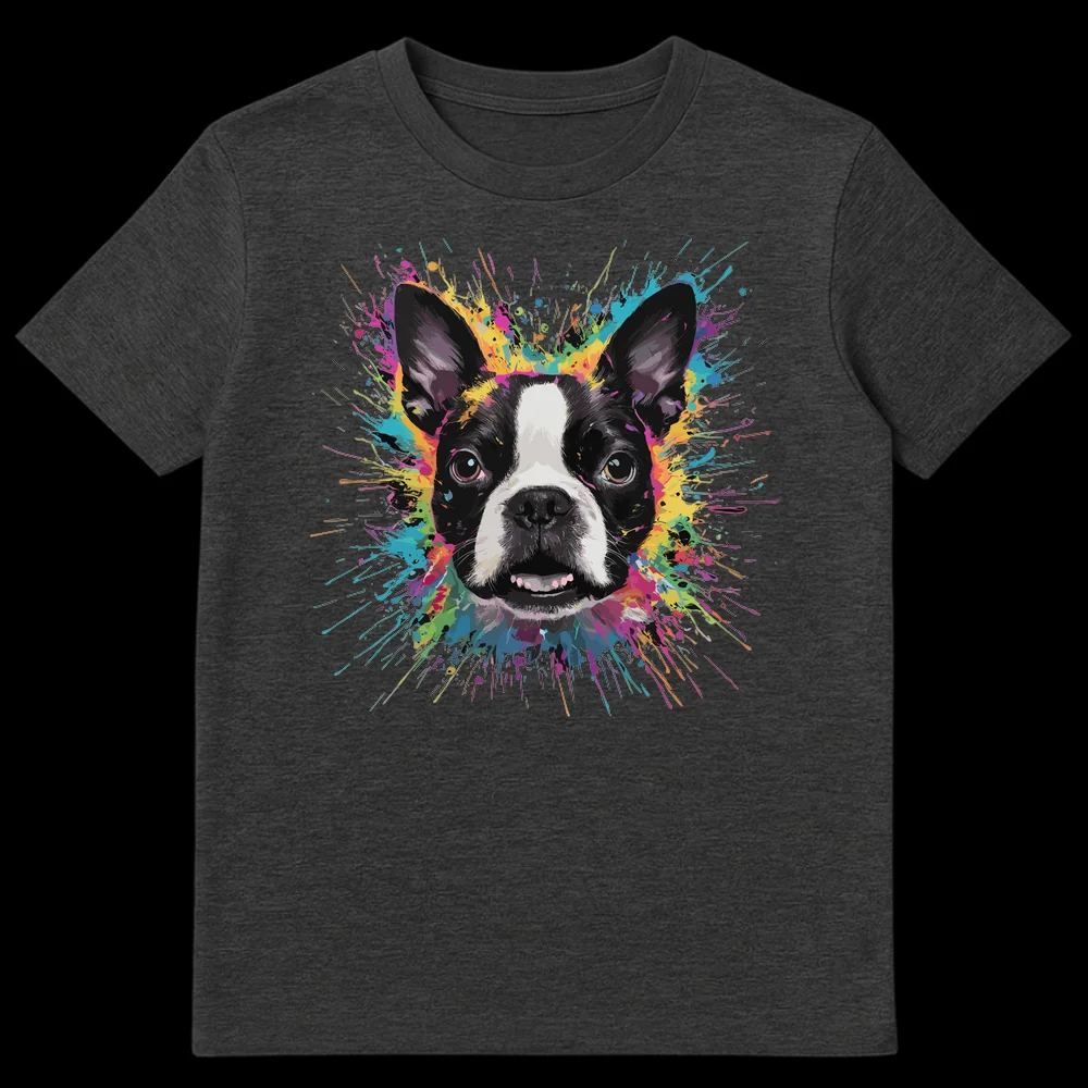 Boston Terrier dog head in black and white with colorful paint splatters around it on a t-shirt on Dark Heather t-shirt