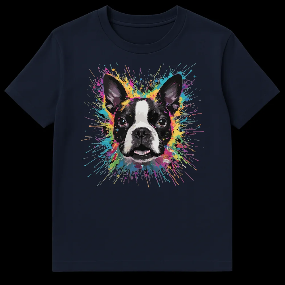 Boston Terrier dog head in black and white with colorful paint splatters around it on a t-shirt on Navy Blue t-shirt
