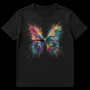 Vibrant abstract art butterfly t-shirt with colorful paint splatters on a black background, showcasing an expressive artistic style. on Black t-shirt
