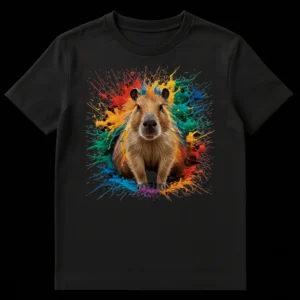 Vibrant Capybara Paint Splatter T-Shirt on a black background, featuring a realistic capybara illustration surrounded by colorful paint splashes. on Black t-shirt