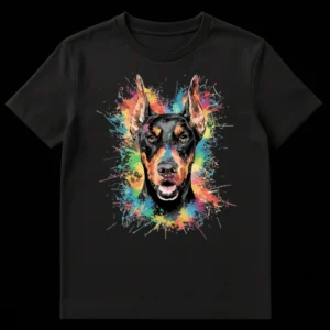 Vibrant Doberman Pinscher Head with Colorful Paint Splatters T-Shirt on Black t-shirt