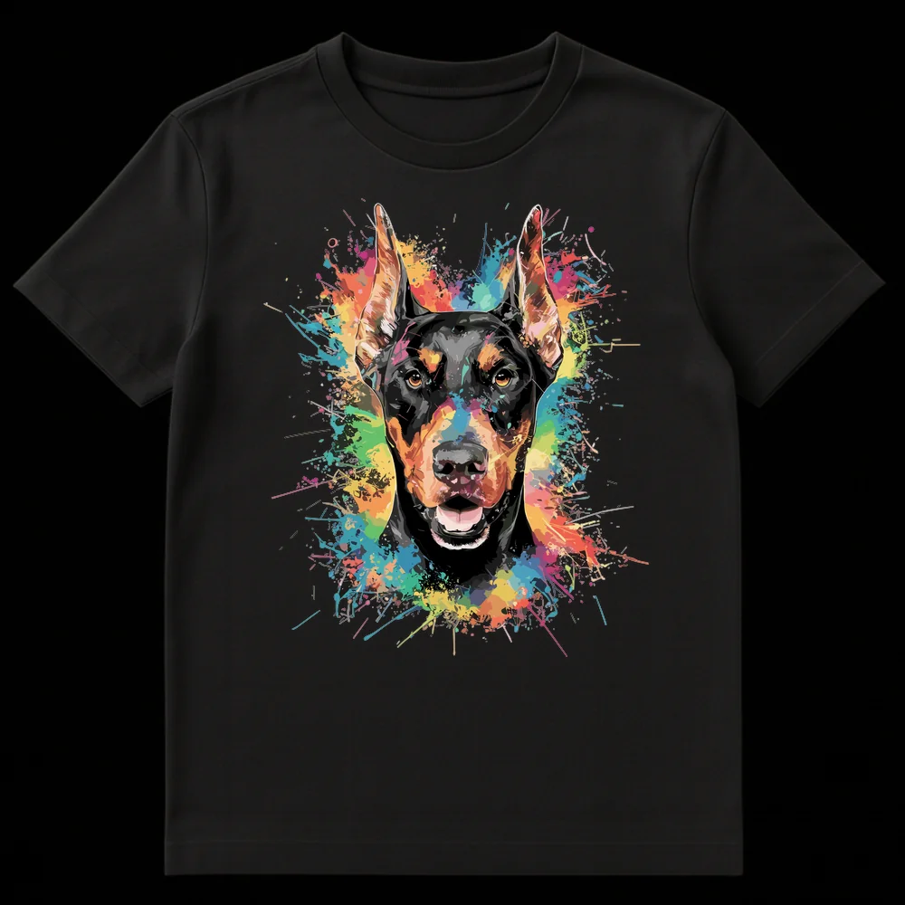 Vibrant Doberman Pinscher Head with Colorful Paint Splatters T-Shirt on Black t-shirt