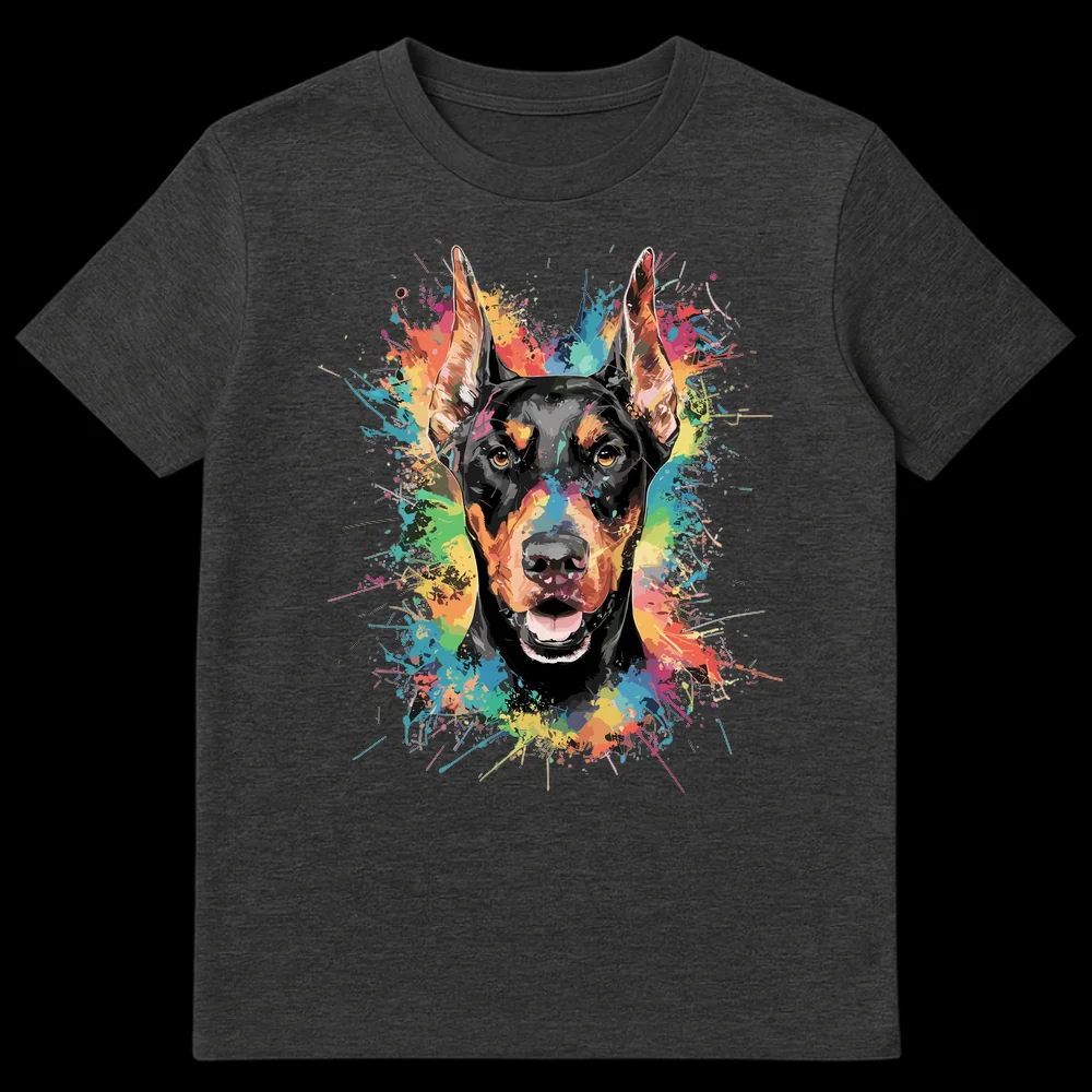 Vibrant Doberman Pinscher Head with Colorful Paint Splatters T-Shirt on Dark Heather t-shirt