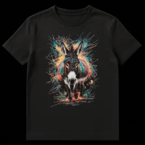 Vibrant Splatter Donkey T-Shirt - Artistic donkey illustration with colorful paint splatters on a black background on Black t-shirt
