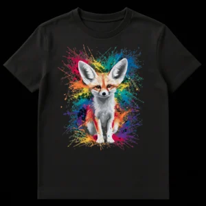 Fennec Fox Lover Colorful Splatter Art Unisex T-Shirt design featuring a fennec fox with vibrant paint splashes on a dark background. on Black t-shirt