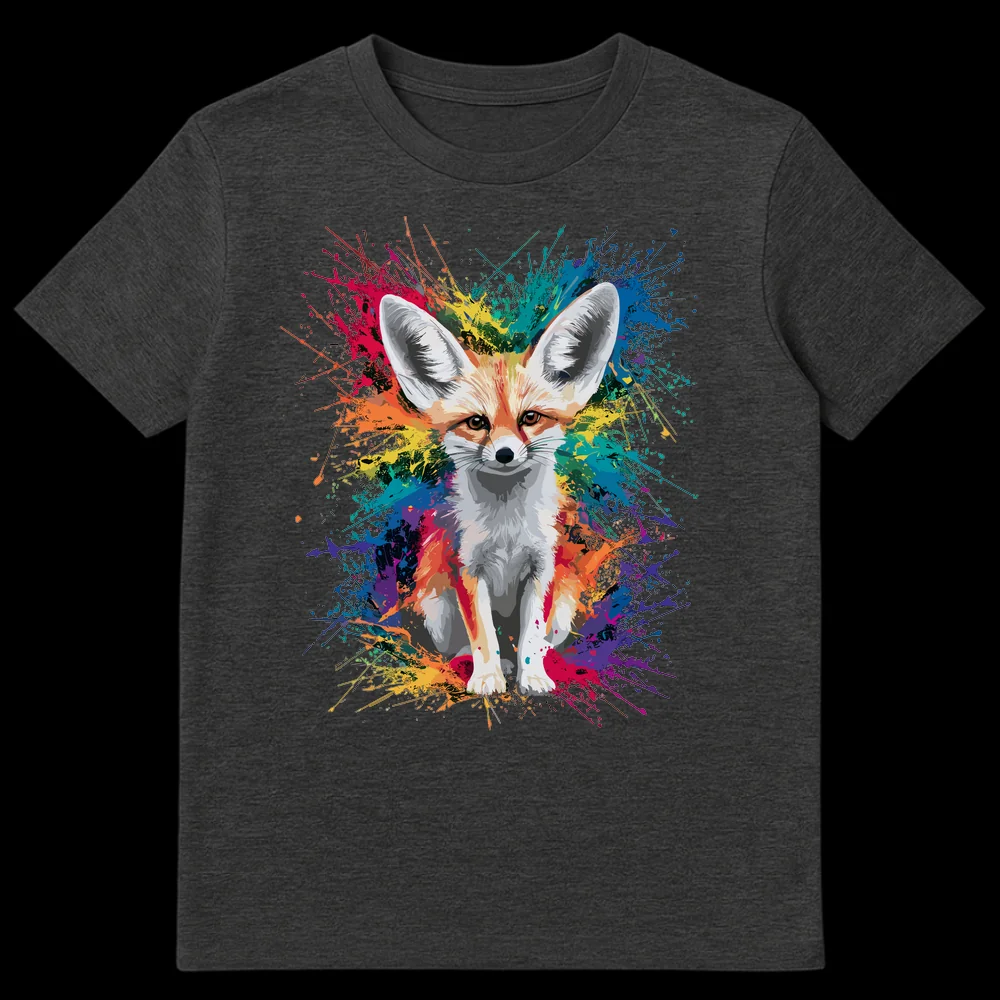 Fennec Fox Lover Colorful Splatter Art Unisex T-Shirt design featuring a fennec fox with vibrant paint splashes on a dark background. on Dark Heather t-shirt