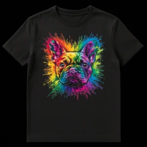Vibrant rainbow splatter art French Bulldog t-shirt design on black background on Black t-shirt