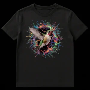 Vibrant Hummingbird Splatter Art T-Shirt with a realistic hummingbird and colorful paint splashes on a black background on Black t-shirt
