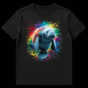 Vibrant Manatee Rainbow Splash T-shirt design on a dark background showing a gentle manatee surrounded by colorful paint splatters. on Black t-shirt
