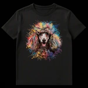 Vibrant splatter paint style t-shirt with a happy, smiling poodle on a black background, full of colorful splashes. on Black t-shirt