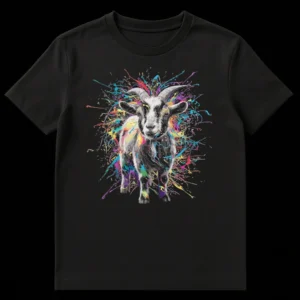 GOAT t-shirt design featuring a realistic goat with colorful paint splatters representing 'Greatest Of All Time' on a black background on Black t-shirt