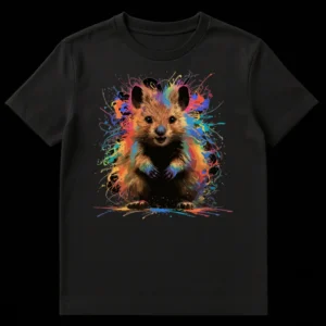 Happy Quokka Splatter Art T-Shirt with colorful paint splashes on black background on Black t-shirt