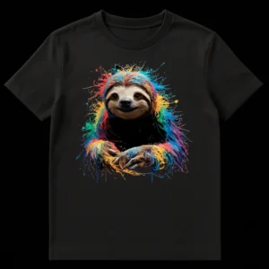 Rainbow Sloth Splatter T-Shirt, vibrant paint splatter design of a sloth, colorful animal art on a black shirt, cute sloth face on Black t-shirt
