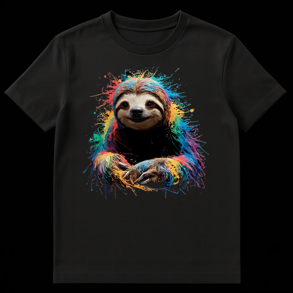 Rainbow Sloth Splatter T-Shirt, vibrant paint splatter design of a sloth, colorful animal art on a black shirt, cute sloth face on Black t-shirt