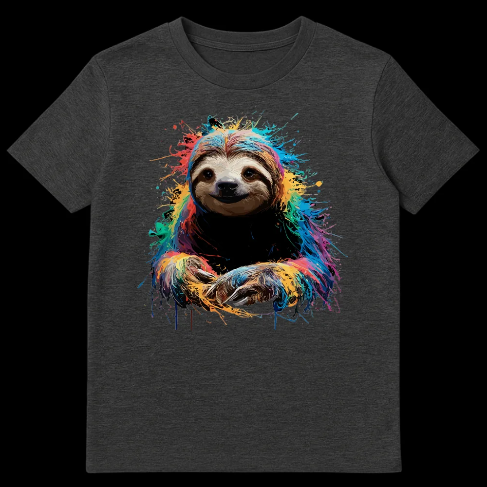 Rainbow Sloth Splatter T-Shirt, vibrant paint splatter design of a sloth, colorful animal art on a black shirt, cute sloth face on Dark Heather t-shirt