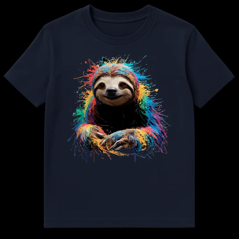 Rainbow Sloth Splatter T-Shirt, vibrant paint splatter design of a sloth, colorful animal art on a black shirt, cute sloth face on Navy Blue t-shirt