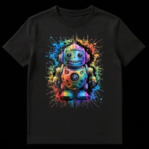 Vibrant rainbow robot t-shirt with paint splatters on a black background on Black t-shirt