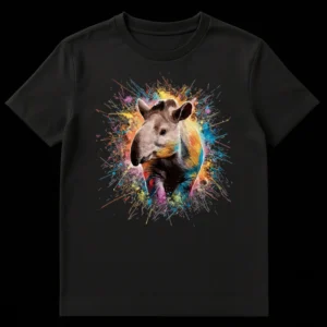 Vibrant Tapir Splash Unisex T-Shirt featuring a realistic tapir head with colorful abstract paint splatters on a black background on Black t-shirt