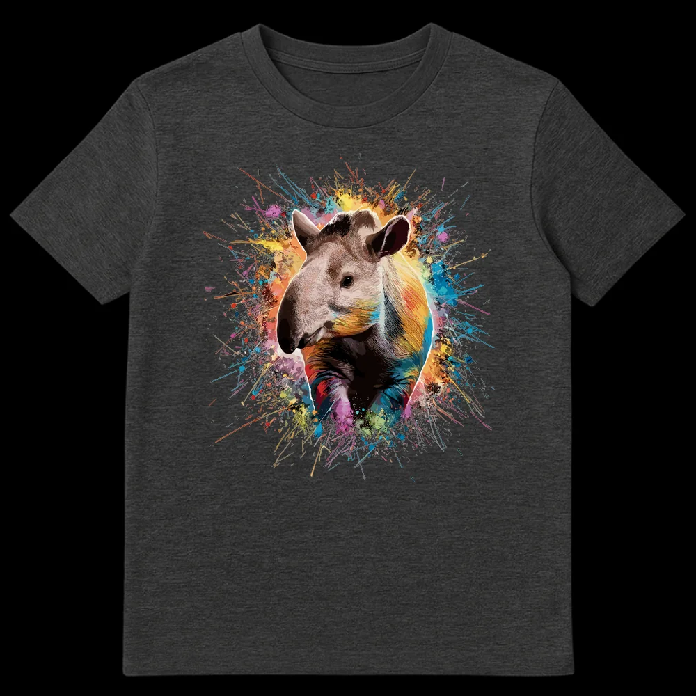 Vibrant Tapir Splash Unisex T-Shirt featuring a realistic tapir head with colorful abstract paint splatters on a black background on Dark Heather t-shirt