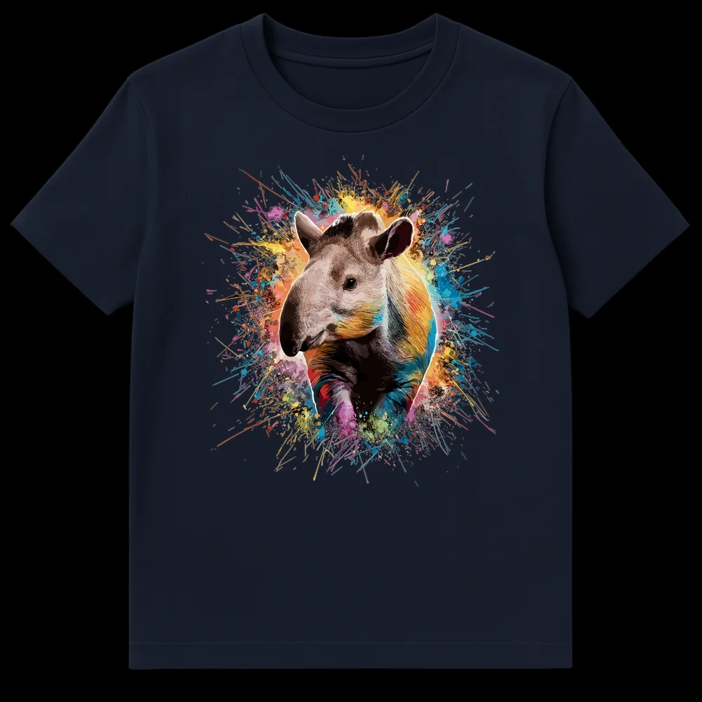 Vibrant Tapir Splash Unisex T-Shirt featuring a realistic tapir head with colorful abstract paint splatters on a black background on Navy Blue t-shirt