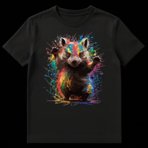 Raccoon t-shirt with rainbow paint splatters on black background, cheerful expression on Black t-shirt