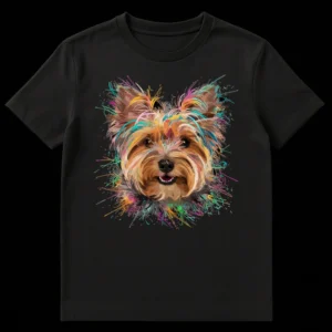 Vibrant splash art t-shirt featuring a happy Yorkshire Terrier dog portrait with colorful paint splatters in electric blue, hot pink, and green on a black background. on Black t-shirt