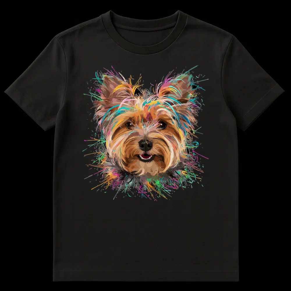 Vibrant splash art t-shirt featuring a happy Yorkshire Terrier dog portrait with colorful paint splatters in electric blue, hot pink, and green on a black background. on Black t-shirt