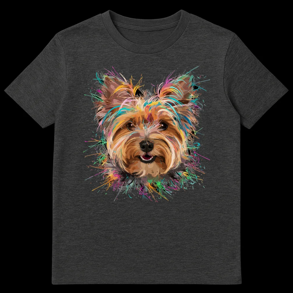 Vibrant splash art t-shirt featuring a happy Yorkshire Terrier dog portrait with colorful paint splatters in electric blue, hot pink, and green on a black background. on Dark Heather t-shirt