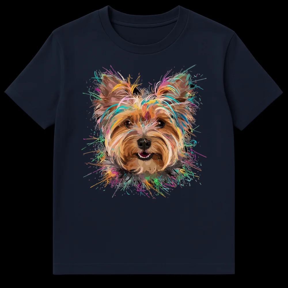 Vibrant splash art t-shirt featuring a happy Yorkshire Terrier dog portrait with colorful paint splatters in electric blue, hot pink, and green on a black background. on Navy Blue t-shirt
