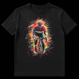 Dynamic Cyclist Splatter Art T-Shirt showing a male road cyclist in motion with vibrant paint splatters in red, blue, yellow, and pink on a black background on Black t-shirt