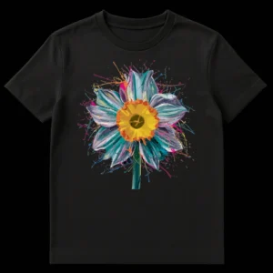 Abstract daffodil t-shirt with vibrant splatter paint design in teal, yellow, orange, and pink on a black background, featuring a stylized flower. on Black t-shirt