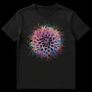 Vibrant dahlia flower t-shirt with colorful paint splatters on a black background, abstract floral art on Black t-shirt