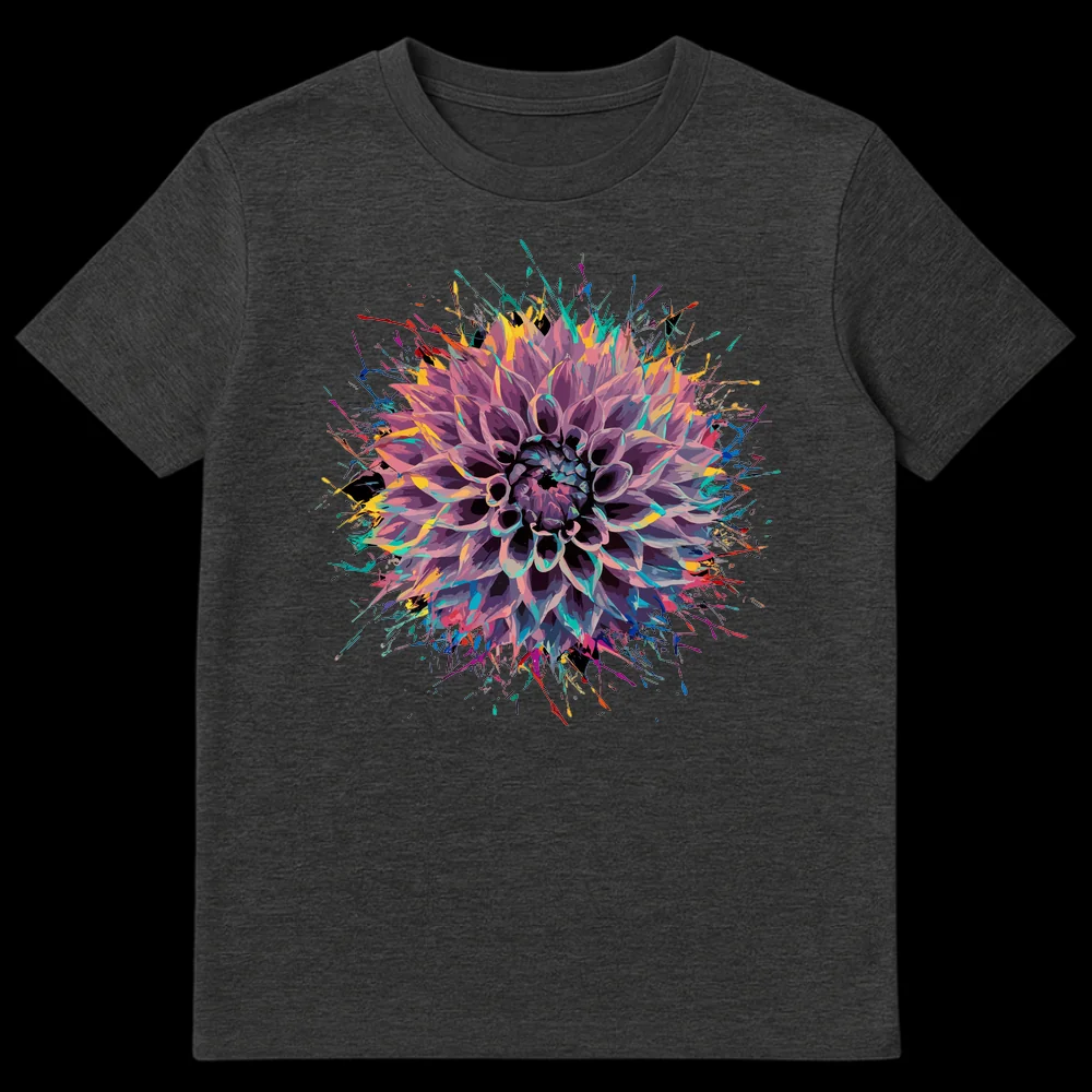 Vibrant dahlia flower t-shirt with colorful paint splatters on a black background, abstract floral art on Dark Heather t-shirt