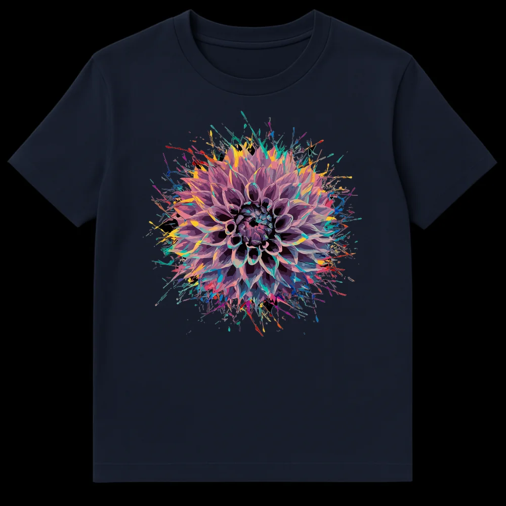 Vibrant dahlia flower t-shirt with colorful paint splatters on a black background, abstract floral art on Navy Blue t-shirt