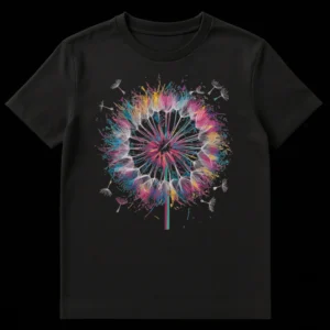 Vibrant Dandelion Wish abstract art t-shirt with colorful watercolor splatters on a black background on Black t-shirt