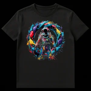 Deep Sea Diver T-Shirt with colorful paint splatters in a vibrant neo-expressionist and graffiti art style, showcasing a hard-hat diver surrounded by red, blue, yellow, and purple paint on a black background. on Black t-shirt