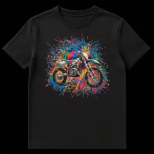 Vibrant splatter art dirt bike t-shirt design with a motocross motorcycle exploding with colorful paint on Black t-shirt