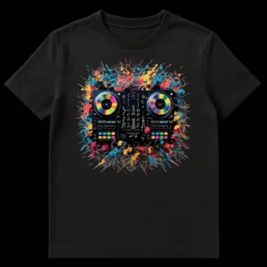 Vibrant DJ Controller t-shirt with rainbow paint splatters, symbolizing electronic music energy and creative expression. on Black t-shirt