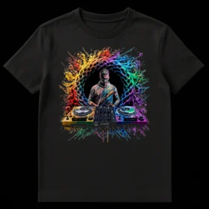 Vibrant DJ Mixer Performance T-Shirt for Electronic Music Fans on Black t-shirt