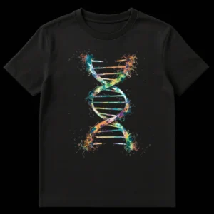 Vibrant watercolor splatter DNA double helix graphic on a black t-shirt, showcasing a multi-chromatic science design for biology enthusiasts. on Black t-shirt