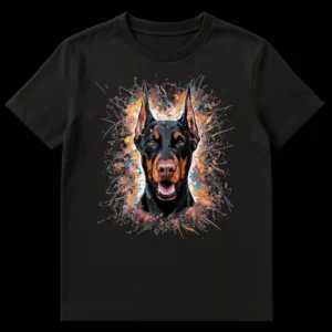 Close-up of a Doberman Pinscher's head and chest, rendered in a dynamic, colorful splatter art style, on a t-shirt. on Black t-shirt