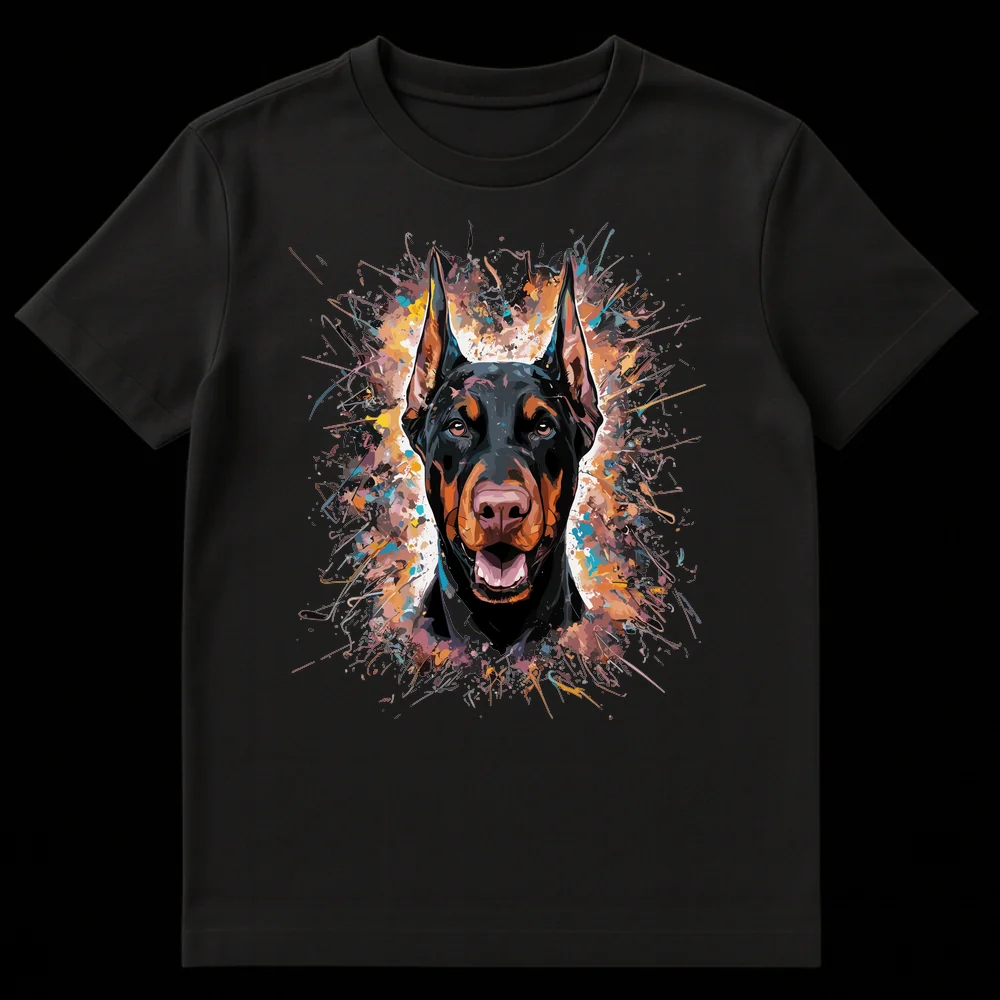 Close-up of a Doberman Pinscher's head and chest, rendered in a dynamic, colorful splatter art style, on a t-shirt. on Black t-shirt