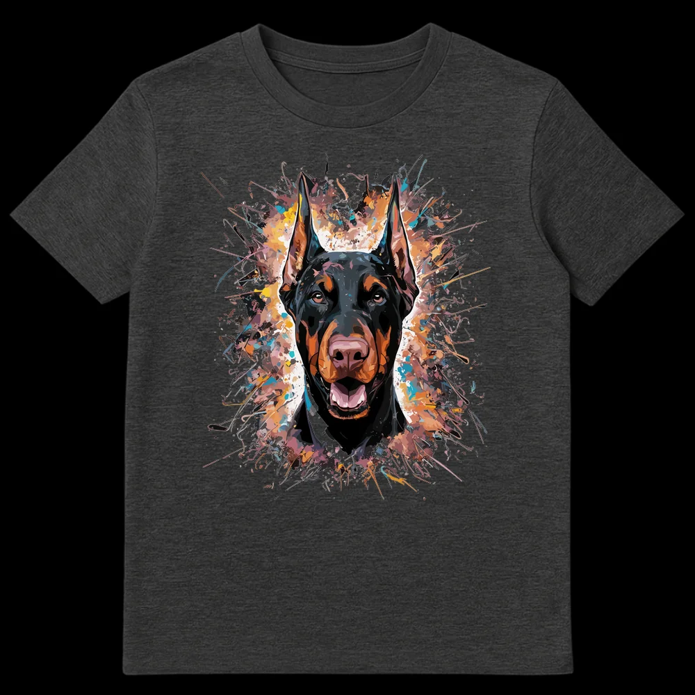 Close-up of a Doberman Pinscher's head and chest, rendered in a dynamic, colorful splatter art style, on a t-shirt. on Dark Heather t-shirt