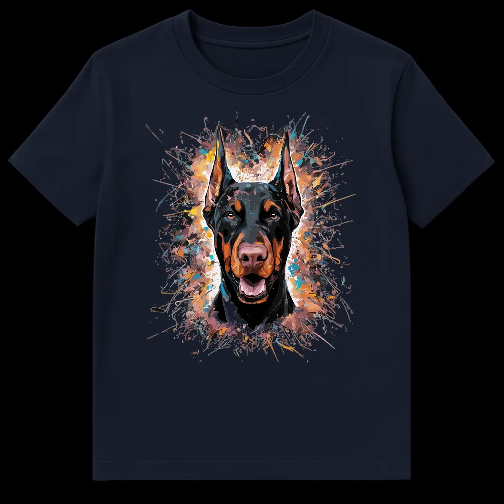 Close-up of a Doberman Pinscher's head and chest, rendered in a dynamic, colorful splatter art style, on a t-shirt. on Navy Blue t-shirt