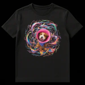 Happy dog in pink cone of shame with blue bandana and colorful paint splatters on black t-shirt on Black t-shirt