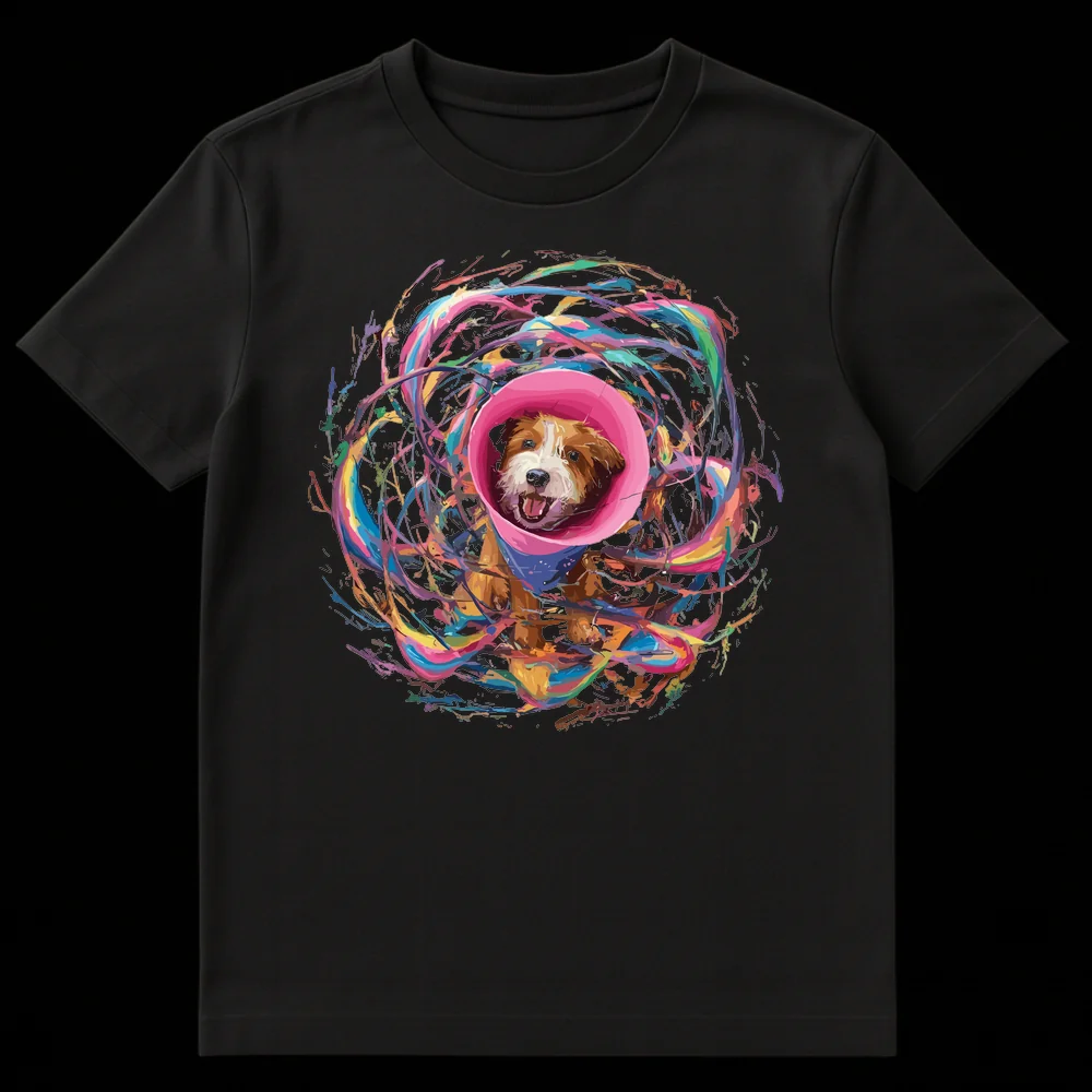 Happy dog in pink cone of shame with blue bandana and colorful paint splatters on black t-shirt on Black t-shirt