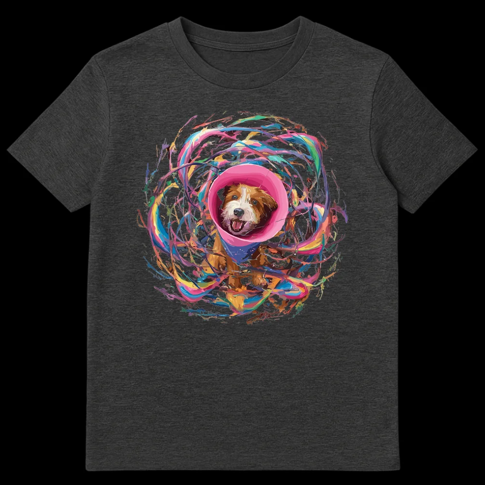 Happy dog in pink cone of shame with blue bandana and colorful paint splatters on black t-shirt on Dark Heather t-shirt